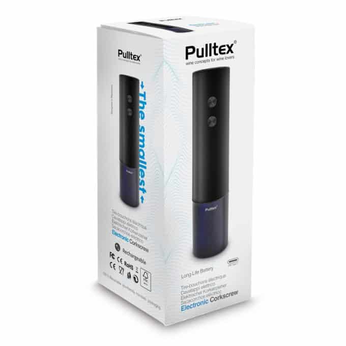 Kompaktiškas mažas Pulltex elektrinis kamščiatraukis juodas pakuote Kompaktiškas mažas Pulltex elektrinis kamščiatraukis juodas pakuote